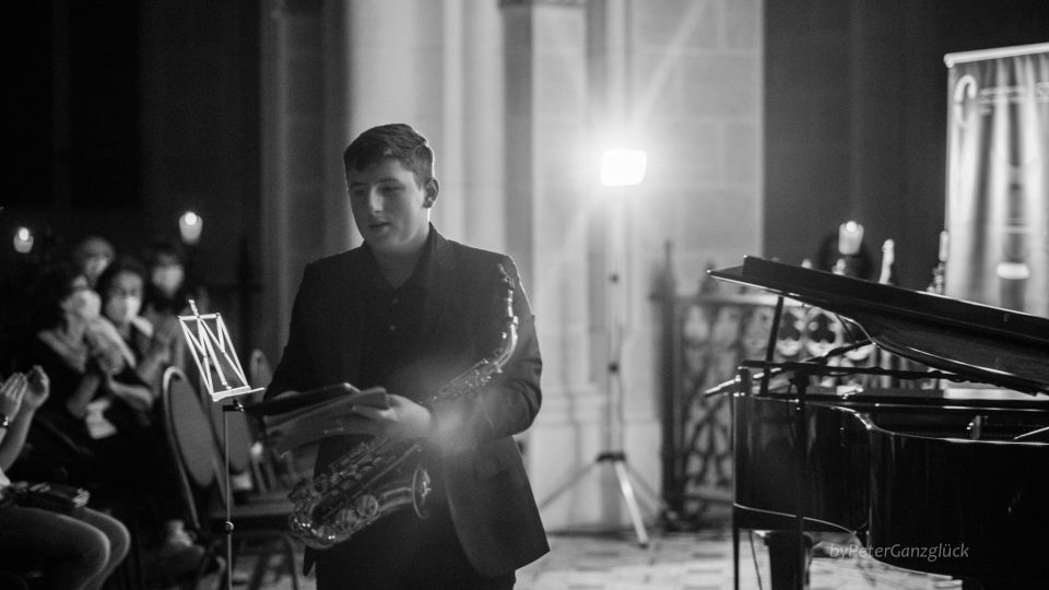 Austrian saxophonist Márton Bubreg at the concert in Třeboň